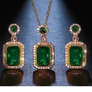 Emerald Gold Plated Zircon Charm Pendant Necklace Matching Earrings Set